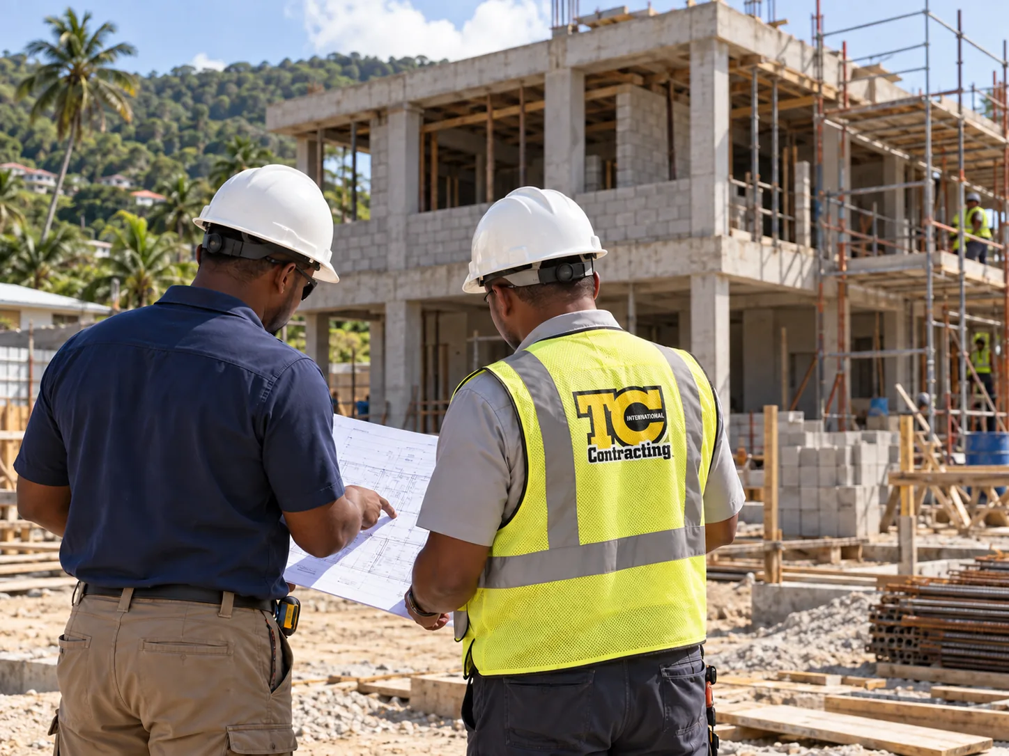 TC International team reviewing construction plans on site