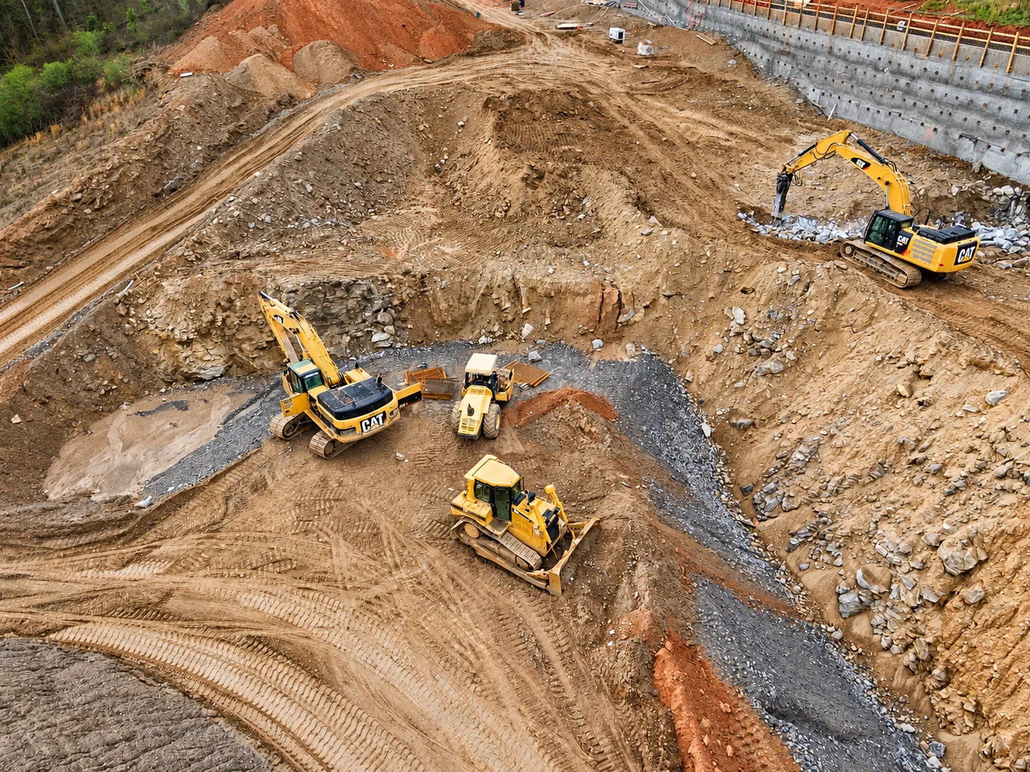 Aerial view of earthworks with excavators, a bulldozer and a roller