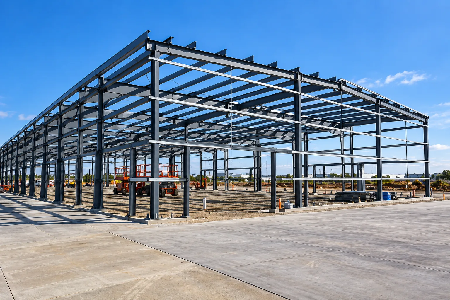 Steel-framed warehouse under construction