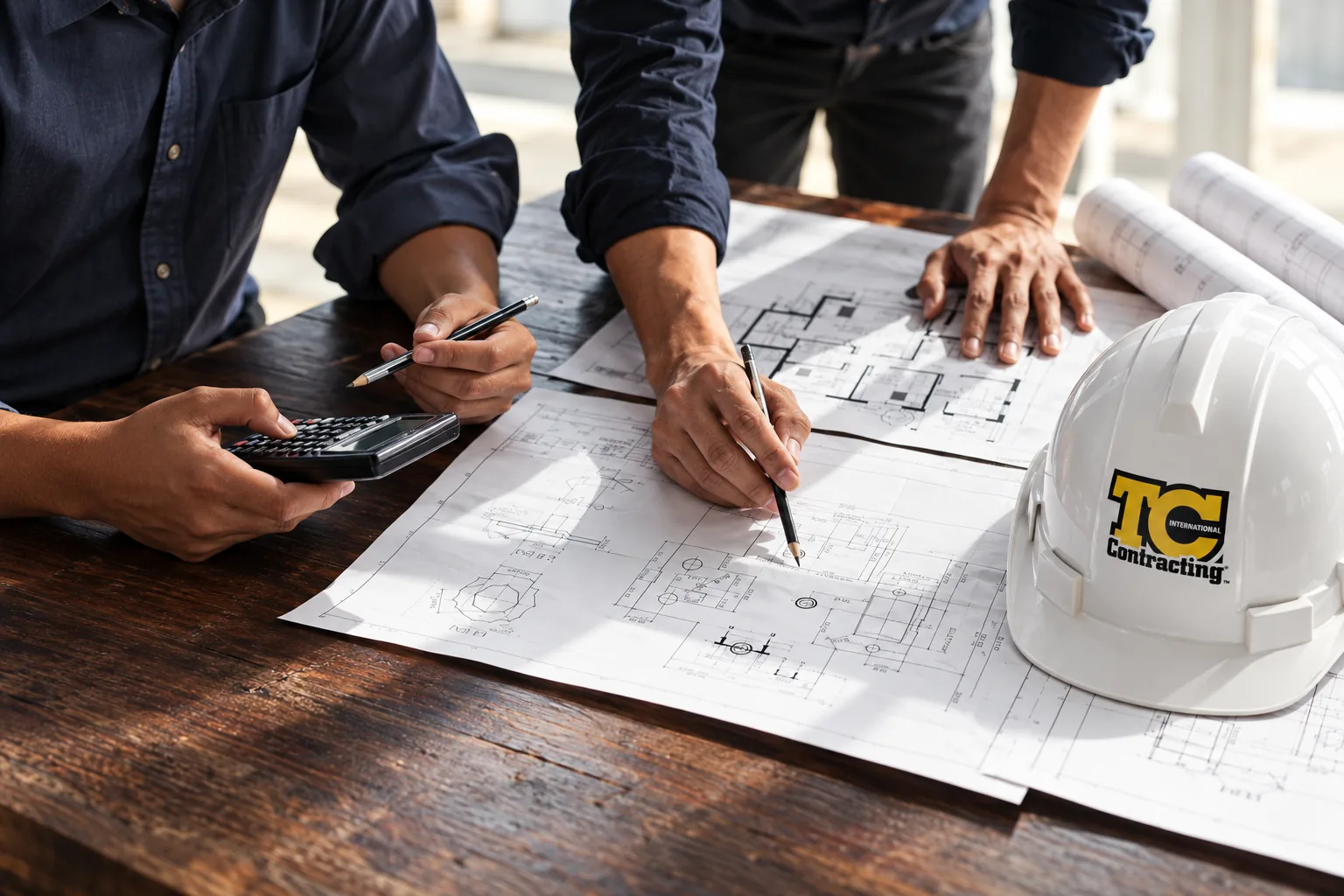 Construction team reviewing architectural plans beside a TC International hard hat