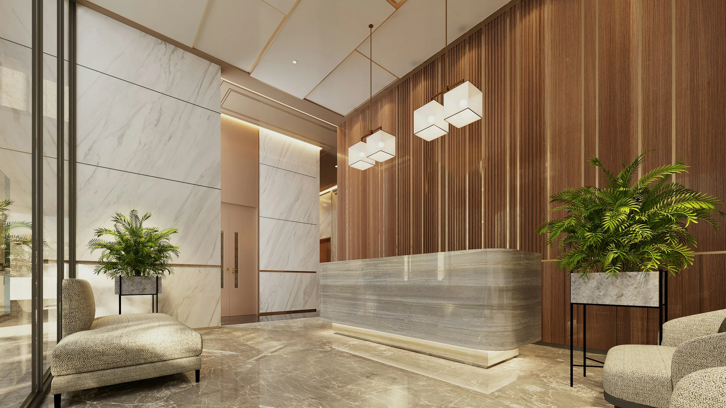 Finished reception interior with stone surfaces, timber wall panels and pendant lighting