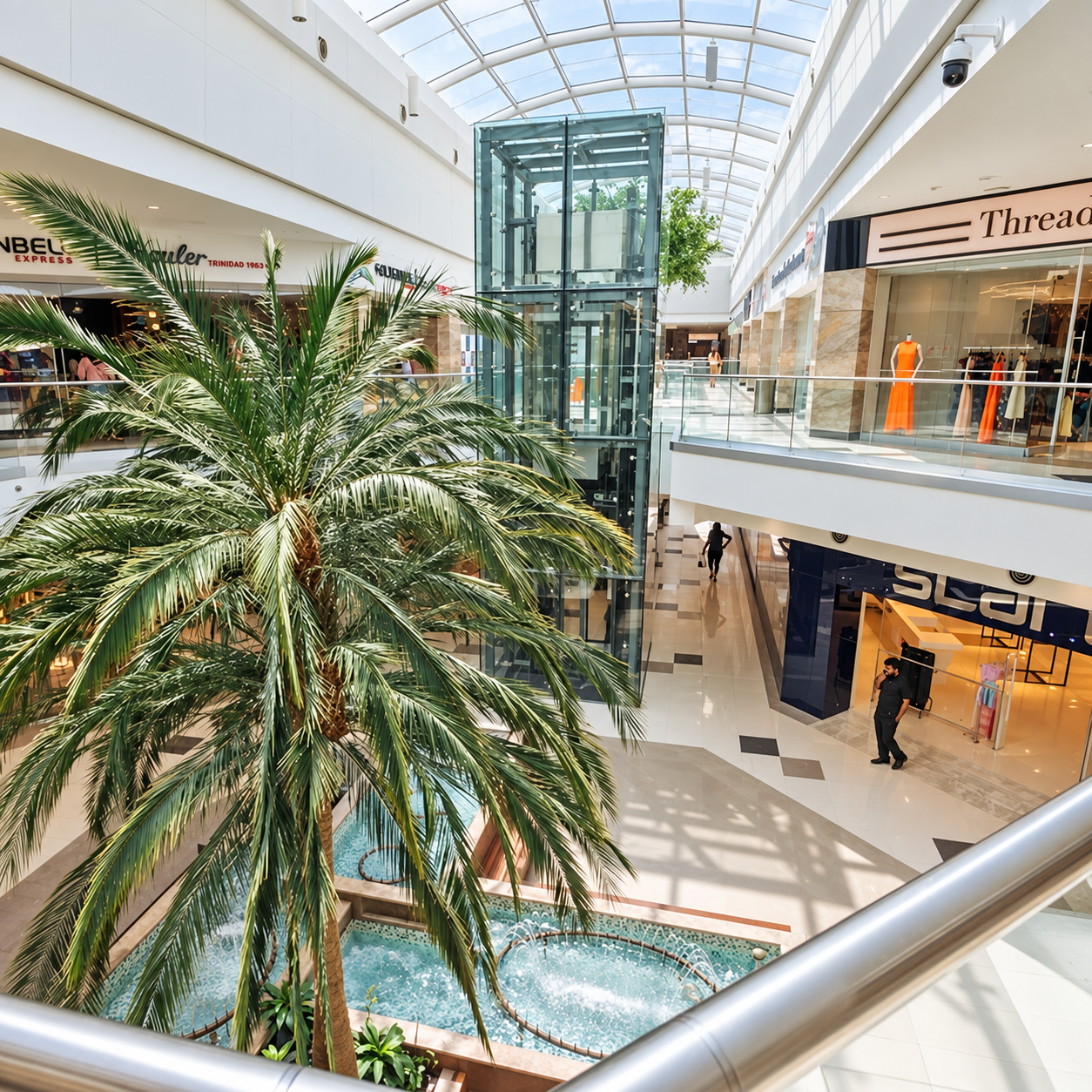 Glass elevator enclosure and atrium at East Gates Mall, Trincity.